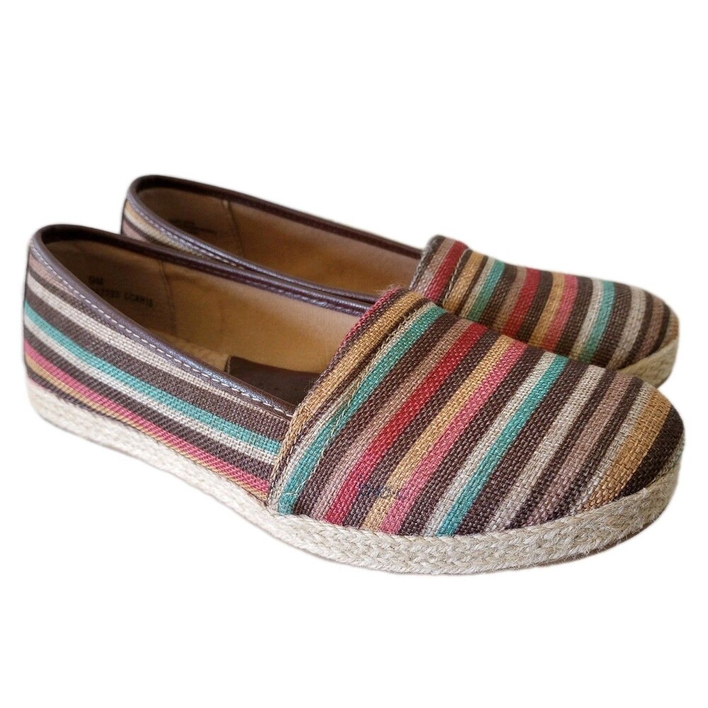 Canvas Slip On Shoes Womens 9 Brown Stripe Espadrille Flats Casual Summer b.o.c.